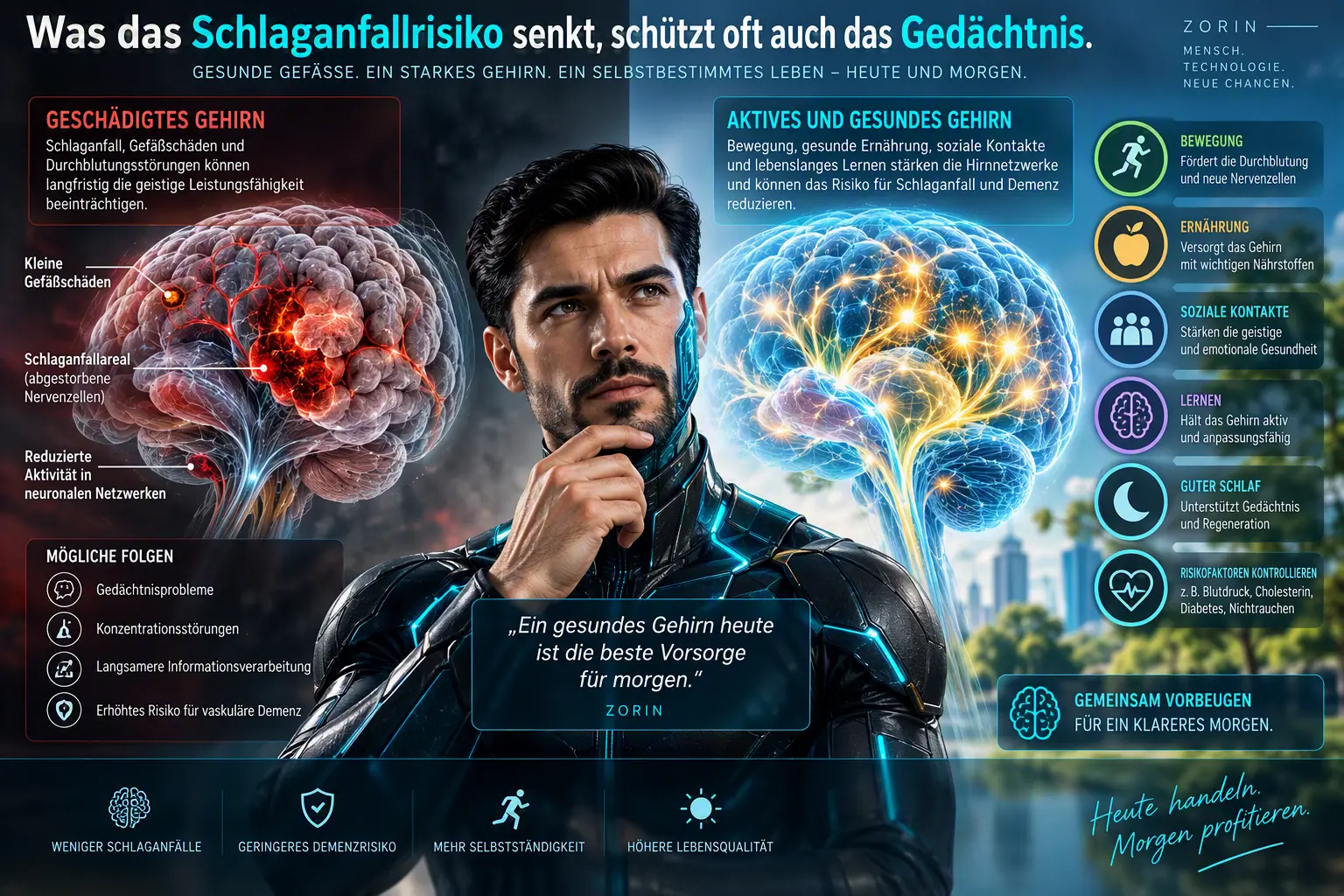 Gegenüberstellung eines geschädigten und eines aktiven gesunden Gehirns