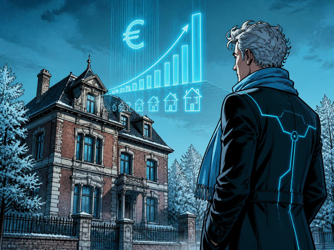 Kael betrachtet ein Wohnhaus, darüber eine steigende Kostenkurve