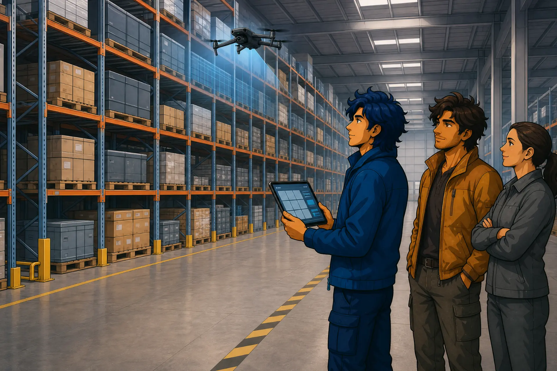 Lian und Rian steuern eine Inventurdrohne in einer Logistikhalle