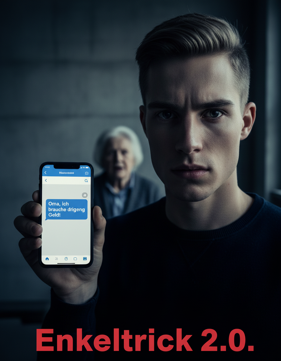 Junger Mann mit dem Smartphone seiner Großmutter: Betrugsnachricht „Oma, ich brauche dringend Geld!“